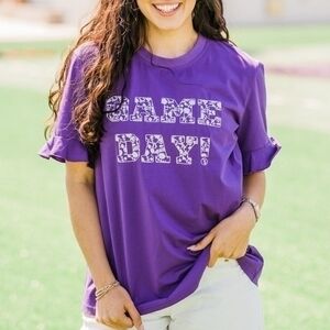 Layerz Clothing NWT Women's Purple Embroidered Game‎ Day Ruffle Sleeve T-Shirt